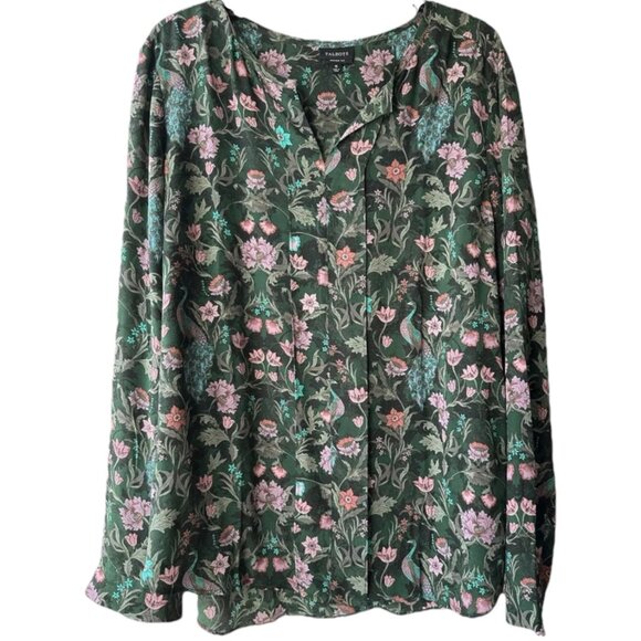 Talbots Washable Silk Floral Peacock Blouse - Pink/Green/Turquoise/Black - 16 - Picture 1 of 13